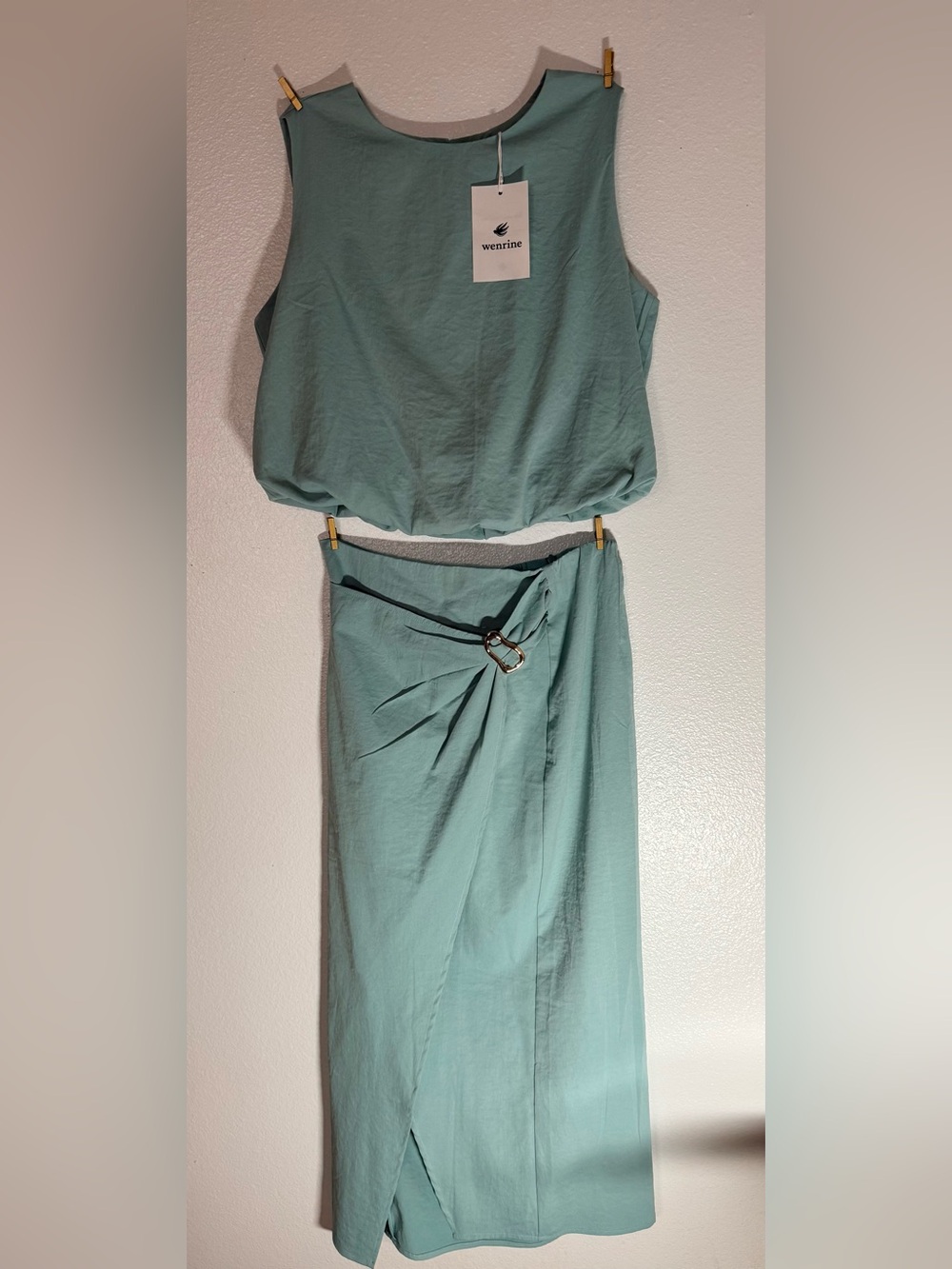 NWT Wenrine Sage Green 2 Piece Crop Top Maxi Skirt Set Size L